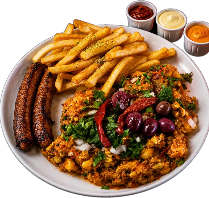 Assiette mixte avec merguez grillées, frites et trois sauces