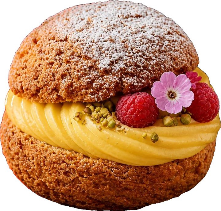 Chou à la crème garni de framboises et pistaches