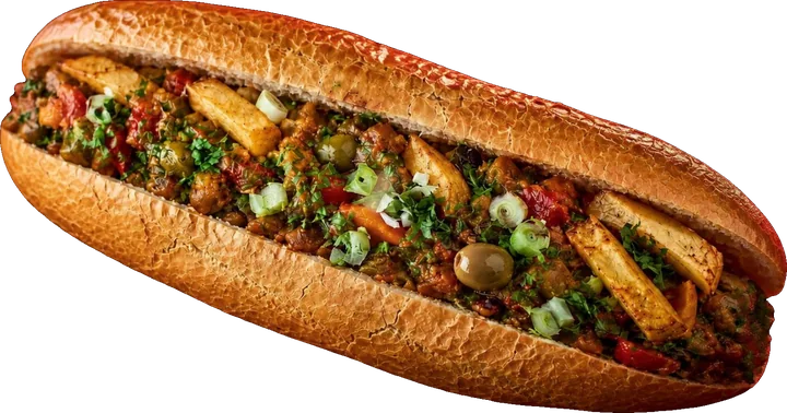 Kaftaji, sandwich tunisien : légumes frits, piment, olives et frites